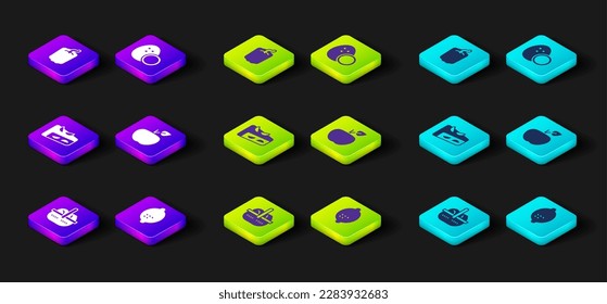 Set Basket and food, Lemon, Homemade fruit pie, Apple, Coconut and Bell pepper icon. Vector