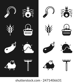 Set Basket and food, Wheat, Sickle, Spider, Eggplant, Sun cloud weather, Garden rake and Hedgehog icon. Vector