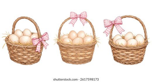 Set of Basket full of Eggs with a Gingham Bow Tie, Watercolor Elements.