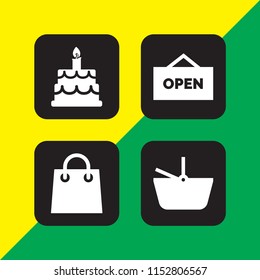 set with basket, happy birthday, shopping bag and open vector icons for web and mobile app
