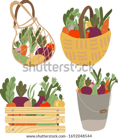 set of basket, shopping bag, box with vegetables.  eco bag full of vegetables isolated on white background. Modern shopper with fresh organic food from local market. Vector illustration in flat 