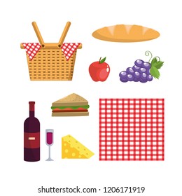 set basket and tablecloth decoration and food