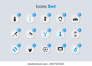 Set Basketball backboard, Hockey puck, Dart arrow, Dumbbell, Whistle, American Football, Fitness shaker and football goal post icon. Vector