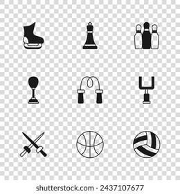 Set Basketball ball, American football goal post, Volleyball, Jump rope, Bowling pin, Skates, Chess and Punching bag icon. Vector