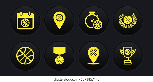 Set Basketball ball, Award with basketball, medal, Location, Stopwatch, cup and sport calendar icon. Vector