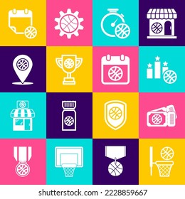 Set Basketball ball and basket, game ticket, Sports winner podium, Stopwatch with basketball, Award cup, Location, sport calendar and icon. Vector