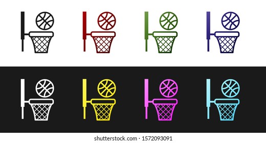 Set Basketball ball and basket icon isolated on black and white background. Ball in basketball hoop.  Vector Illustration