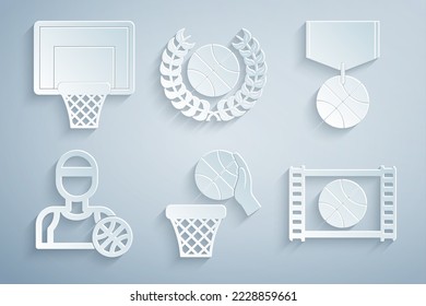 Set Basketball ball and basket, medal, player, game video, Award with basketball and backboard icon. Vector