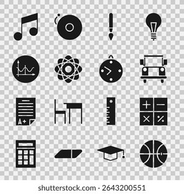 Set Basketball ball, Calculator, School Bus, Paint brush, Atom, Graph, schedule, chart, diagram, Music note, tone and Clock icon. Vector
