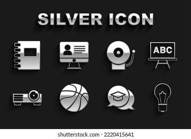 Set Basketball ball, Chalkboard, Light bulb with idea, Graduation cap in speech bubble, Movie, film, media projector, Ringing alarm bell, Spiral notebook and Online class icon. Vector