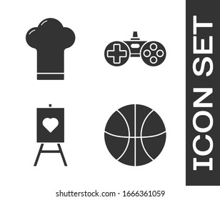 Set Basketball ball, Chef hat, Wood easel or painting art boards and Gamepad icon. Vector