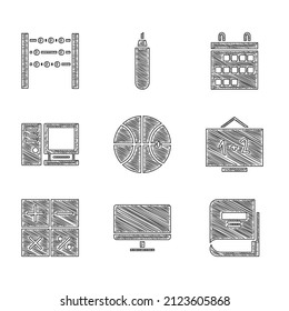 Set Basketball ball, Computer monitor screen, Book, Chalkboard, Calculator, Calendar and Abacus icon. Vector