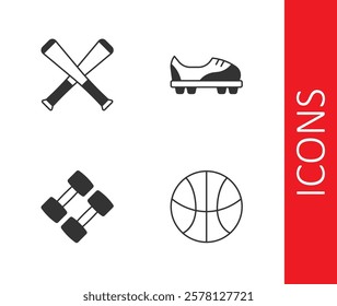 Set Basketball ball, Crossed baseball bat, Dumbbell and Football shoes icon. Vector