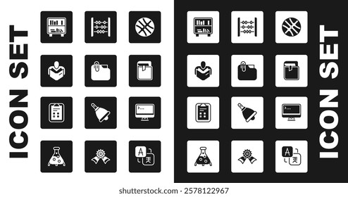 Set Basketball ball, Document folder with clip, Man reading book, Shelf books, Book, Abacus, Computer monitor and Exam sheet check mark icon. Vector