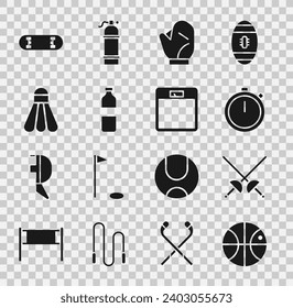 Set Basketball ball, Fencing, Stopwatch, Baseball glove, Bottle of water, Badminton shuttlecock, Skateboard trick and Bathroom scales icon. Vector