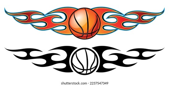 Set of basketball ball and fire flame vector illustrations. Burning basketball ball graphic car sticker and logo template.