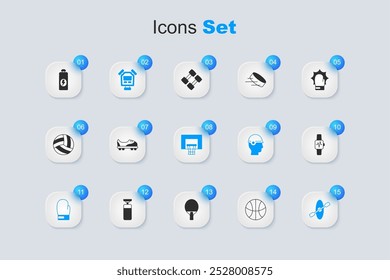 Set Basketball ball, Football shoes, Stopwatch, Boxing glove, Kayak and paddle, Smart with heart, Fitness shaker and backboard icon. Vector