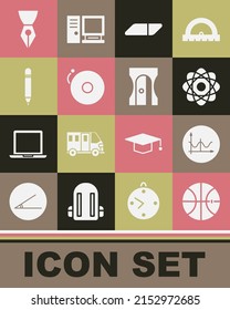 Set Basketball ball, Graph, schedule, chart, diagram, Atom, Eraser or rubber, Ringing alarm bell, Pencil with eraser, Fountain pen nib and sharpener icon. Vector