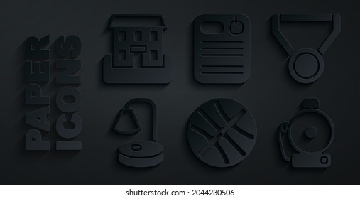 Set Basketball ball, Medal, Table lamp, Ringing alarm bell, Dossier folder and School building icon. Vector