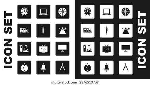 Set Basketball ball, Pen, School Bus, Medal, Light rays in prism, Laptop, Computer monitor screen and Test tube and flask icon. Vector
