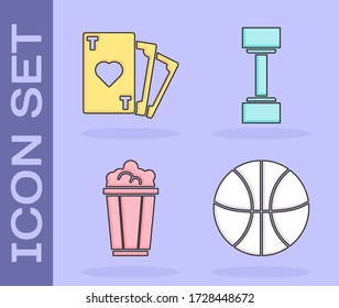 Set Basketball ball, Playing card with heart symbol, Popcorn in cardboard box and Dumbbell icon. Vector