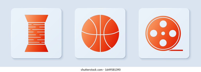Set Basketball ball, Sewing thread on spool and Film reel. White square button. Vector