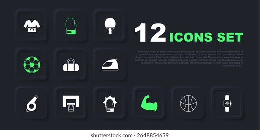 Set Basketball ball, Smart watch with heart, Sport bag, Bodybuilder showing his muscles, Soccer football, backboard, Boxing glove and Punch boxing gloves icon. Vector