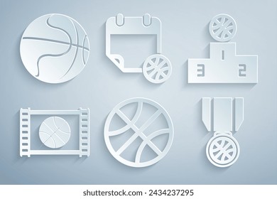 Set Basketball ball, Sports winner podium, game video, medal, on sport calendar and  icon. Vector