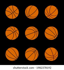 Set of basketball balls with different rotation angles. Vector 3d illustration
