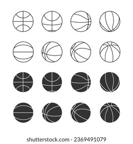 set of basketball balls logo icons. white and black color icons. vector isolated on white background.