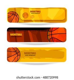 Set basketball banner, geometric background, polygon ball. Bright and modern design. Grunge style. Sports abstract background.