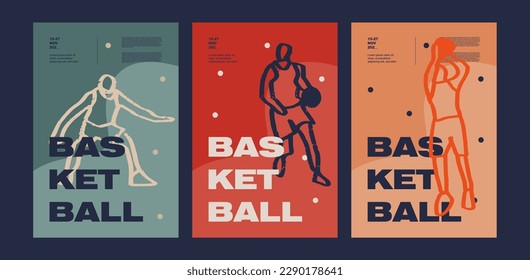 Set of Basketball banners with players. Modern sports posters design in grunge style, sketch, engraving. Hand drawing. Sports print, cover, template, sports covers, basketball hoop.