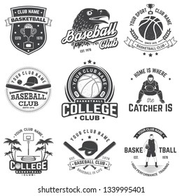 Set of basketball and baseball badge, emblem or sign. Vector. Concept for shirt, print, stamp, apparel or tee. Vintage design with basketball player, baseball player and sport equipments silhouette.