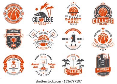 Set of basketball club badge. Vector illustration. Concept for shirt, print, stamp or tee. Vintage typography design with basketball player, hoop and ball silhouette.