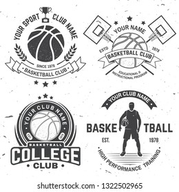 Set of basketball college club badge. Vector illustration. Concept for shirt, print, stamp or tee. Vintage typography design with basketball hoop, player and basketball ball silhouette.