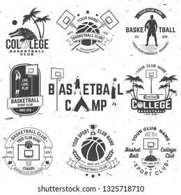 Set of basketball college club badge. Vector illustration. Concept for shirt, print, stamp or tee. Vintage typography design with crocodile, basketball hoop and basketball ball silhouette.