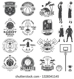 Set of basketball college club badge with design element. Vector. Concept for shirt, print, stamp or tee. Vintage typography design with crocodile, basketball hoop and basketball ball silhouette.