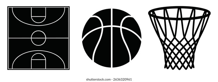 Set of basketball court ball hoop silhouette vector illustration isolated on white background