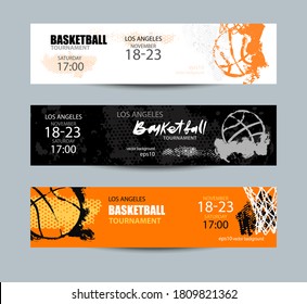 Set of basketball designs. Hand drawing, grunge style. A collection of sports banners, textures, flying ball, sketch. EPS file is layered. Horizontal flyers template. Abstract Design, Basketball hoop.