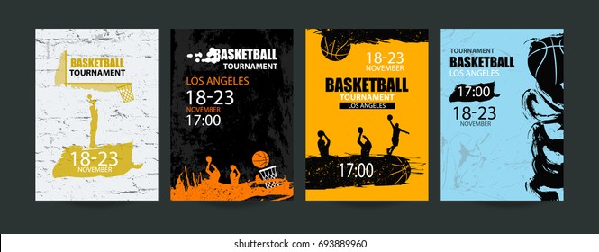 Set of basketball designs. Hand drawing, grunge style. A collection of sports covers, wall textures, flying ball, a sketch of players. EPS file is layered.