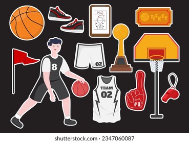 Establecer la Ilustración vectorial del elemento de baloncesto con el fondo de baloncesto de varios equipos en caricatura plana para plantillas de banner o adhesivo web