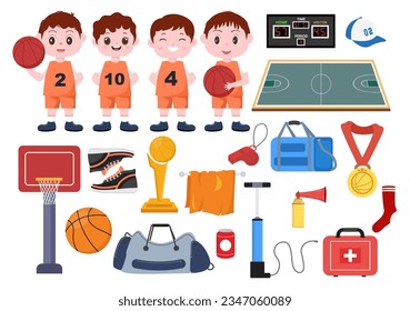 Establecer la Ilustración vectorial del elemento de baloncesto con el fondo de baloncesto de varios equipos en caricatura plana para plantillas de banner o adhesivo web