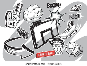 Set basketball elements in pop art style. Vector black and white comic illustration. Volumetric icons in flight