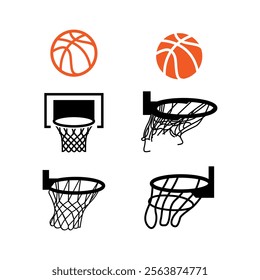 Set of basketball . Basketball emblem, ball, basket, sketch vector illustration