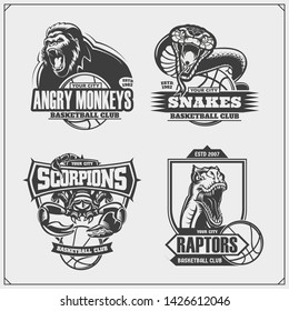 Set of basketball emblems, badges, logos and labels with gorilla, cobra, raptor dinosaur and scorpion. Print design for t-shirt.