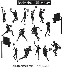 A set of basketball game moves can be used as icon, line drawing, coloring book and silhouette 