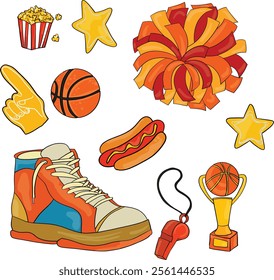 Set of Basketball Game: Basketball Shoes, Cheerleader Pom Poms, Hot Dog, Popcorn, Basketball Trophy, Star, Referee Whistle, Cheer Gloves, Foam Fingers, Basketball. Art and Illustration