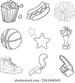 Set of Basketball Game: Basketball Shoes, Cheerleader Pom Poms, Hot Dog, Popcorn, Basketball Trophy, Star, Referee Whistle, Cheer Gloves, Foam Fingers, Basketball. Art and Illustration