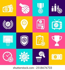 Set Basketball game ticket, Award cup, match on tv, medal, Location with basketball,  and Certificate award icon. Vector