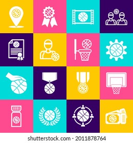 Set Basketball game ticket, backboard, Planning strategy concept, video, player, Certificate basketball award, Location with and and icon. Vector